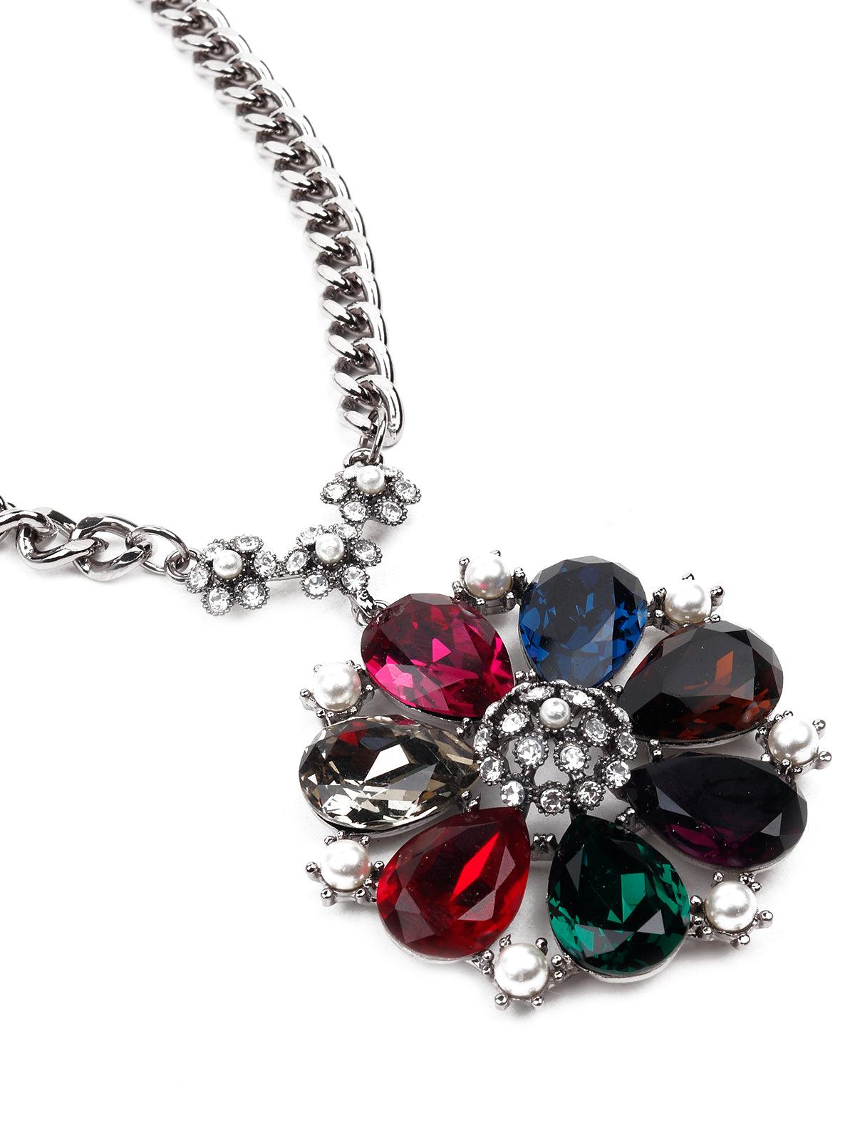 Women's Silver-Tone Necklace With A Floral Pendant - Odette