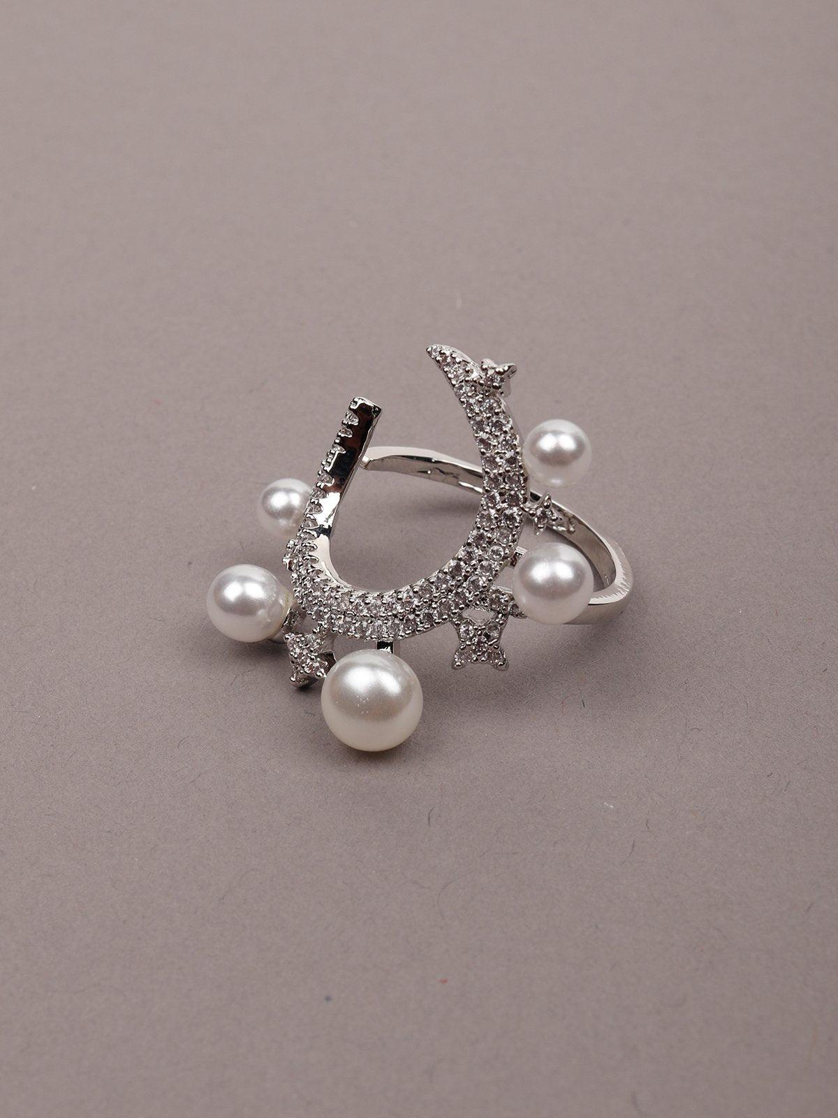 Women's Silver Tone Pearls & Crystal Ring - Odette