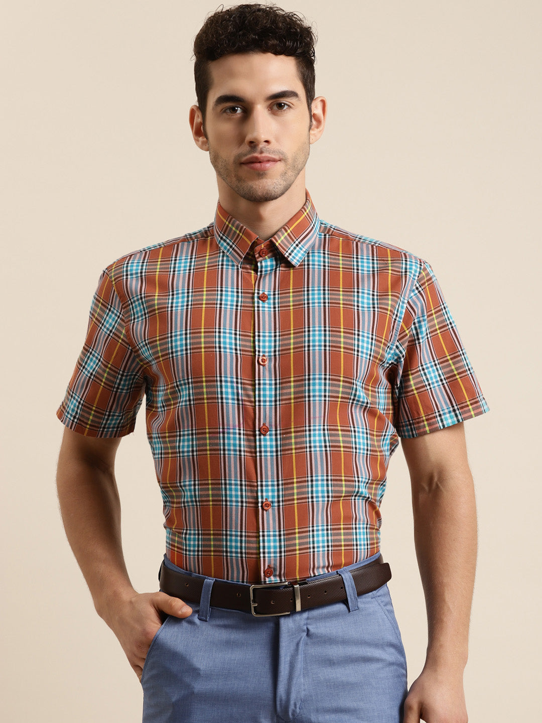 Men's Cotton Rust & Blue Half sleeves Casual Shirt
