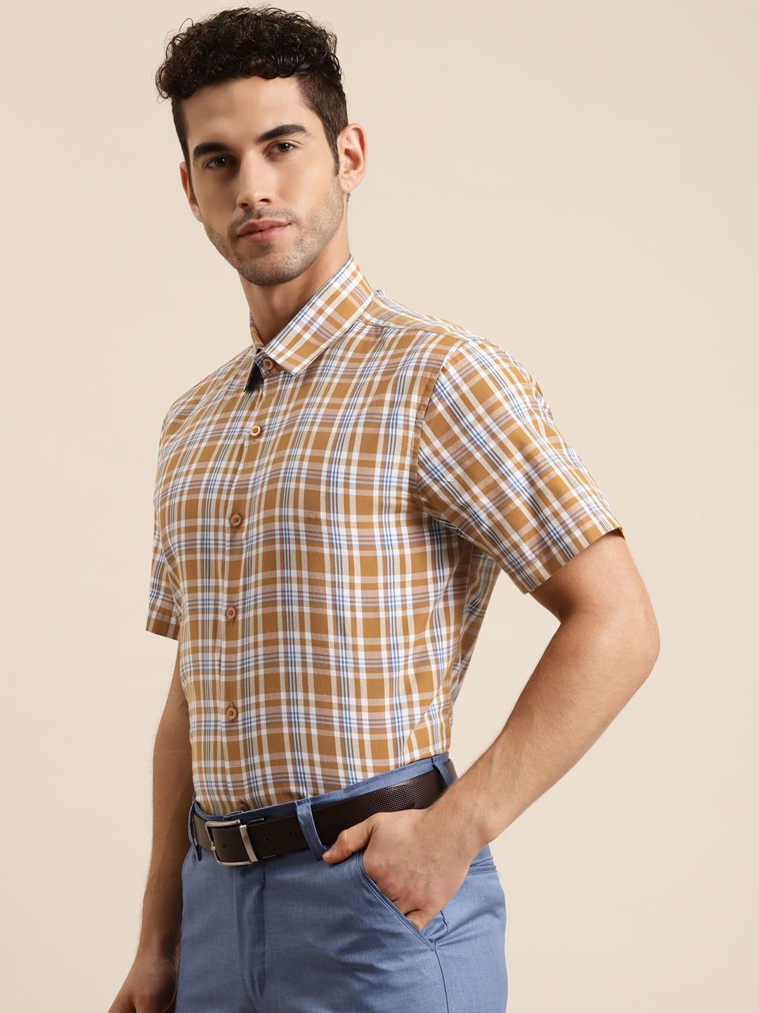 Men's Cotton Mustard & White Half sleeves Casual Shirt