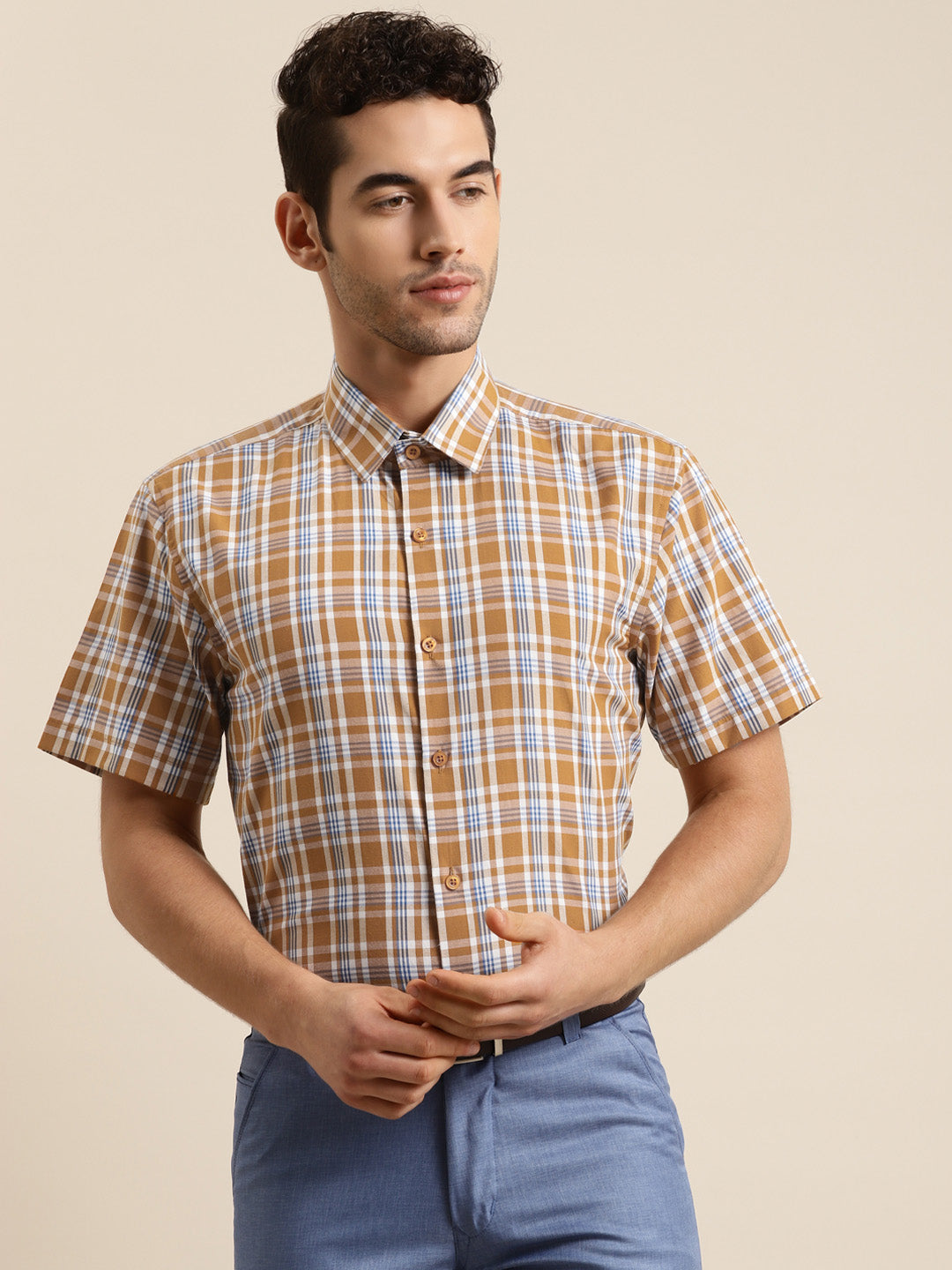 Men's Cotton Mustard & White Half sleeves Casual Shirt