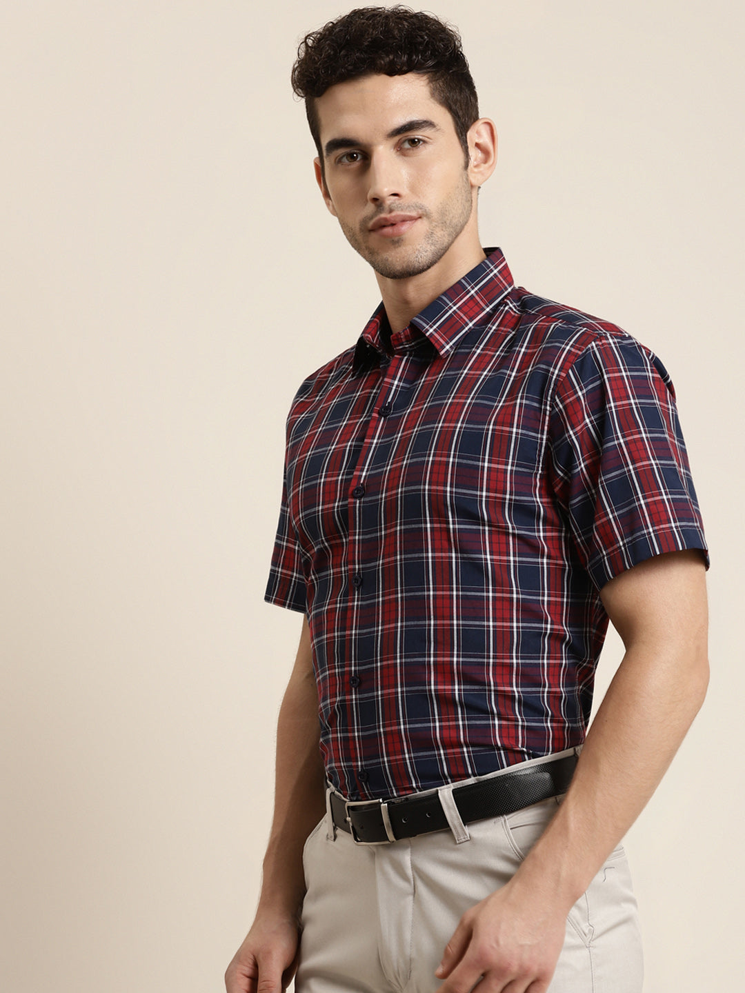 Men's Cotton Red & Navy Half sleeves Casual Shirt