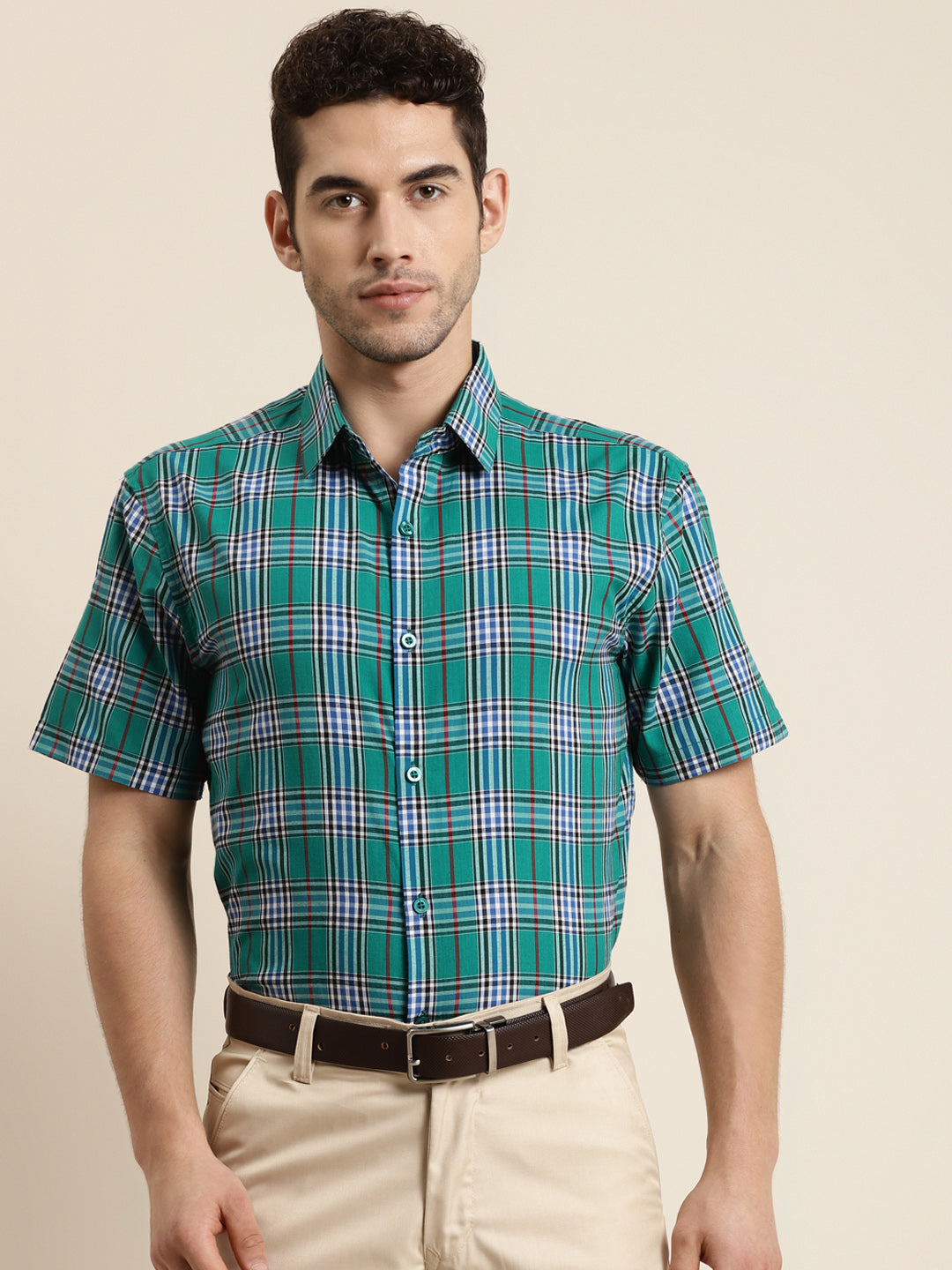 Men's Cotton Green & Blue Half sleeves Casual Shirt
