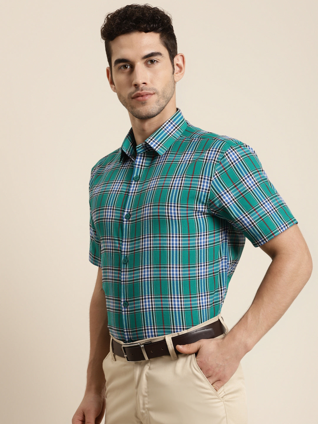 Men's Cotton Green & Blue Half sleeves Casual Shirt
