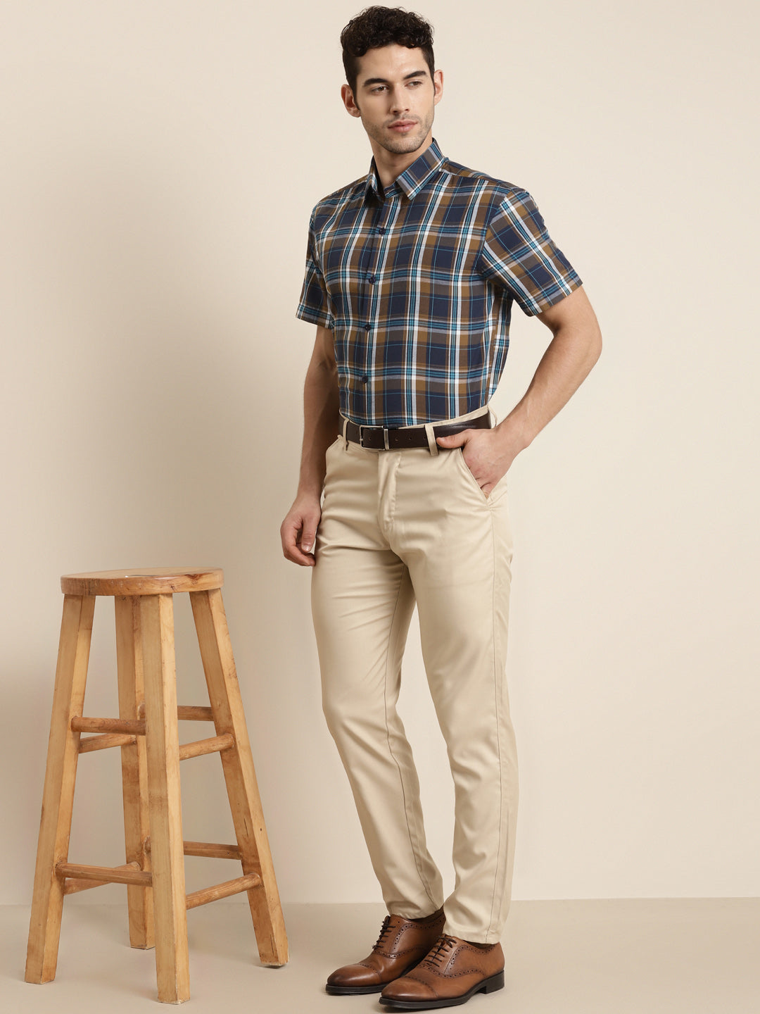 Men's Cotton Brown & Blue Navy Half sleeves Casual Shirt