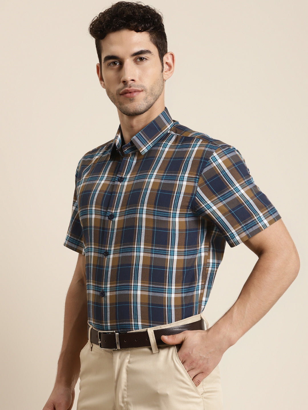 Men's Cotton Brown & Blue Navy Half sleeves Casual Shirt