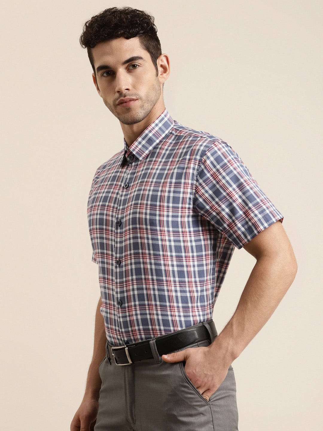 Men's Cotton Grey & White Half sleeves Casual Shirt