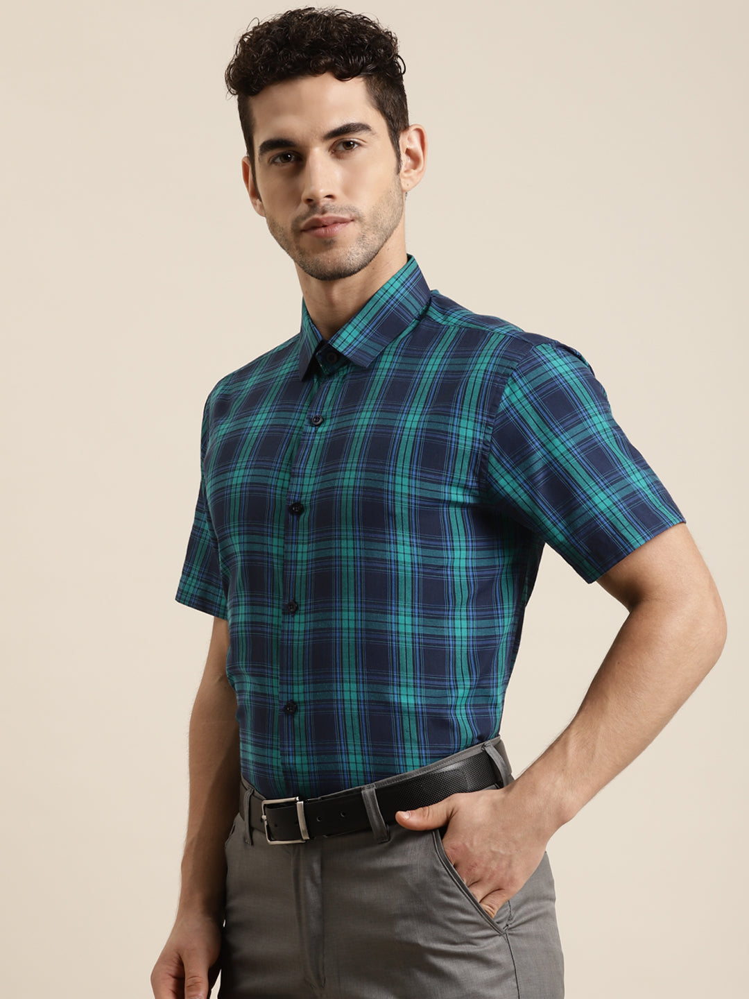 Men's Cotton Navy & Green Half sleeves Casual Shirt