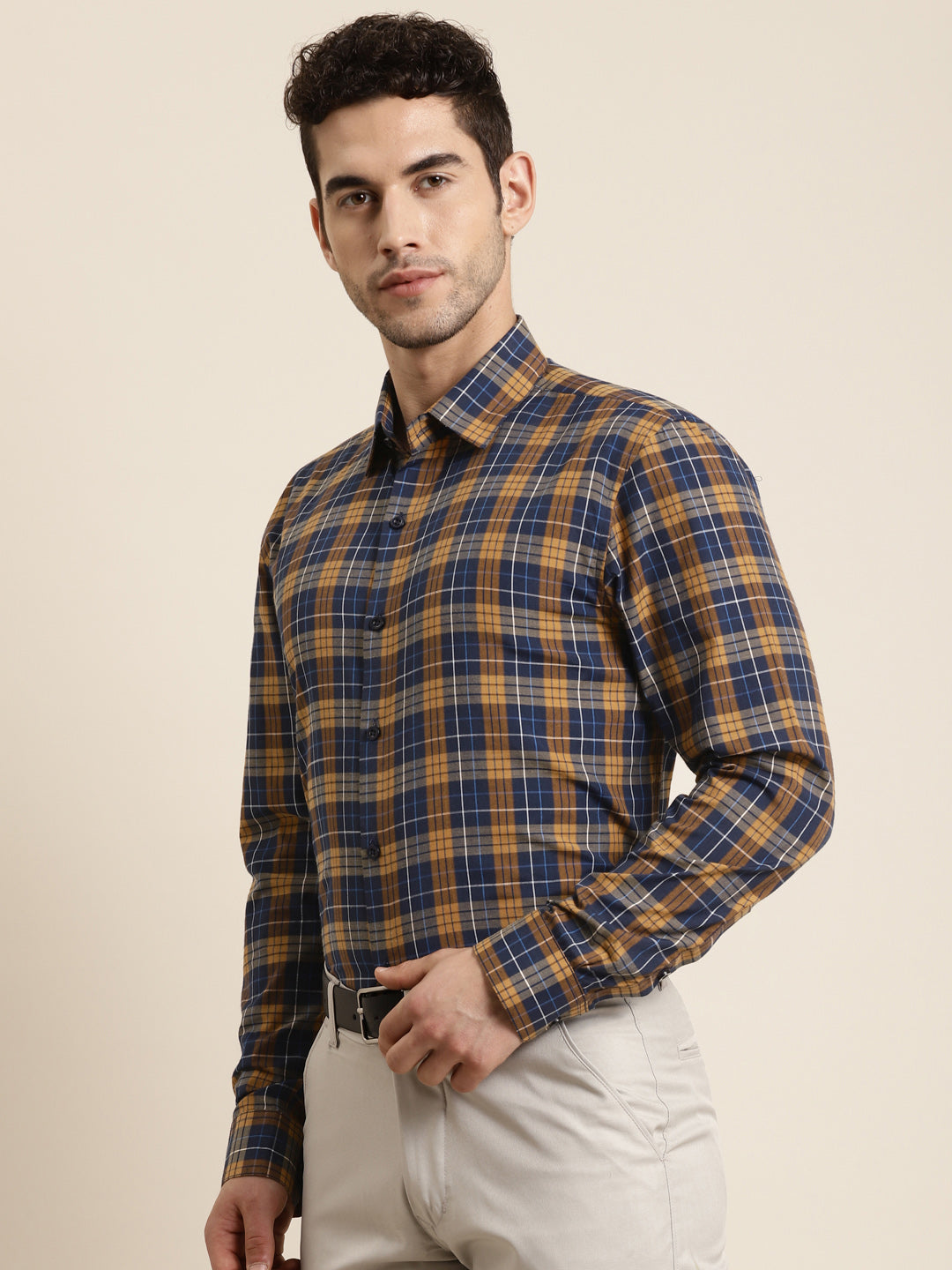 Men's Cotton Navy & Mustard Casual Shirt