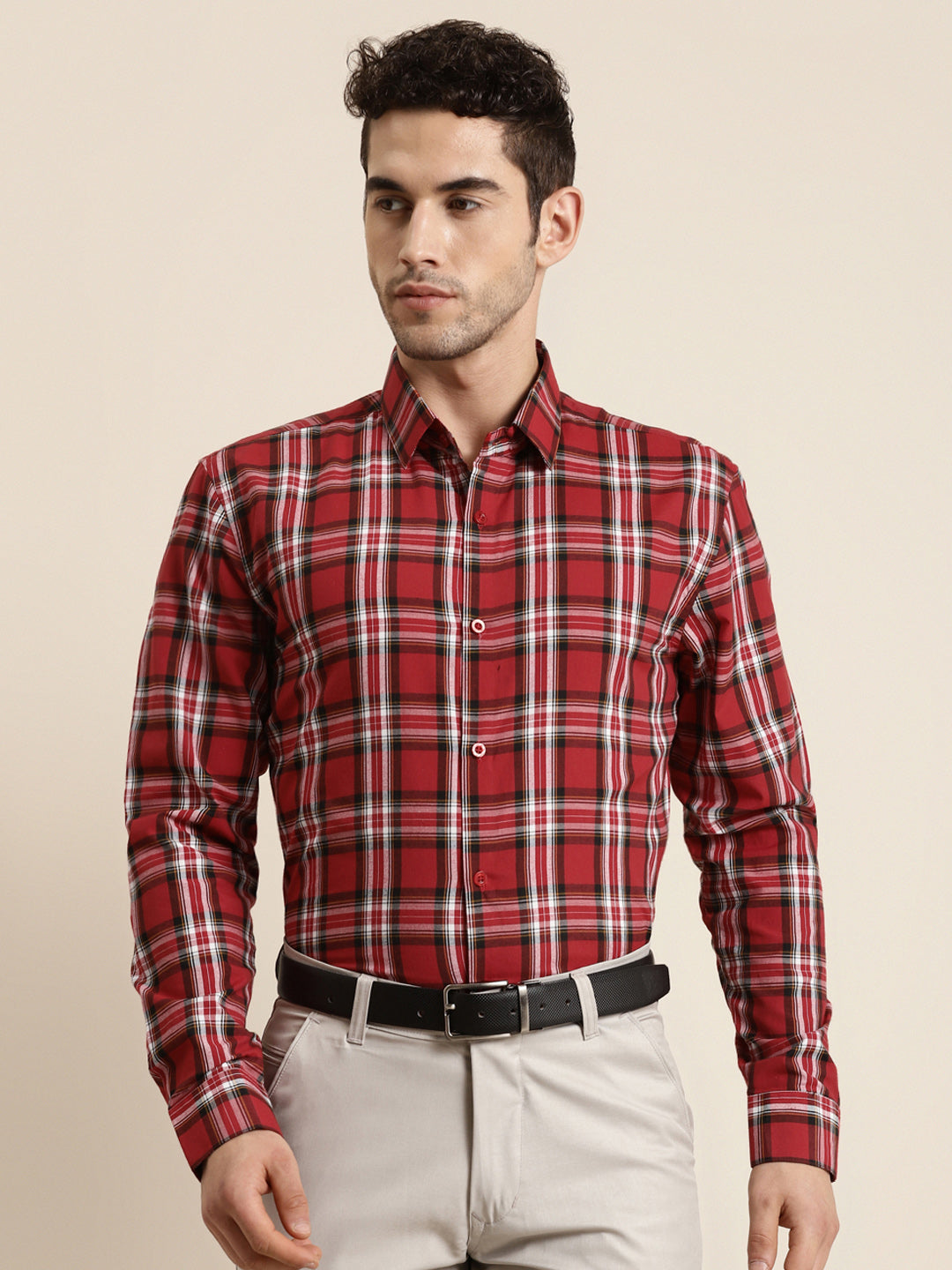 Men's Cotton Red & White & Casual Shirt