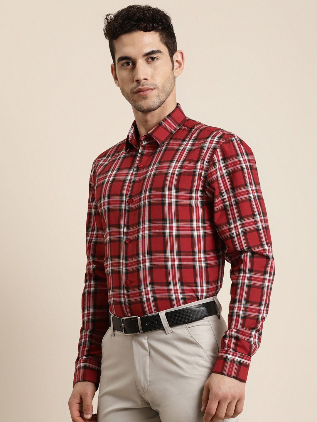 Men's Cotton Red & White & Casual Shirt