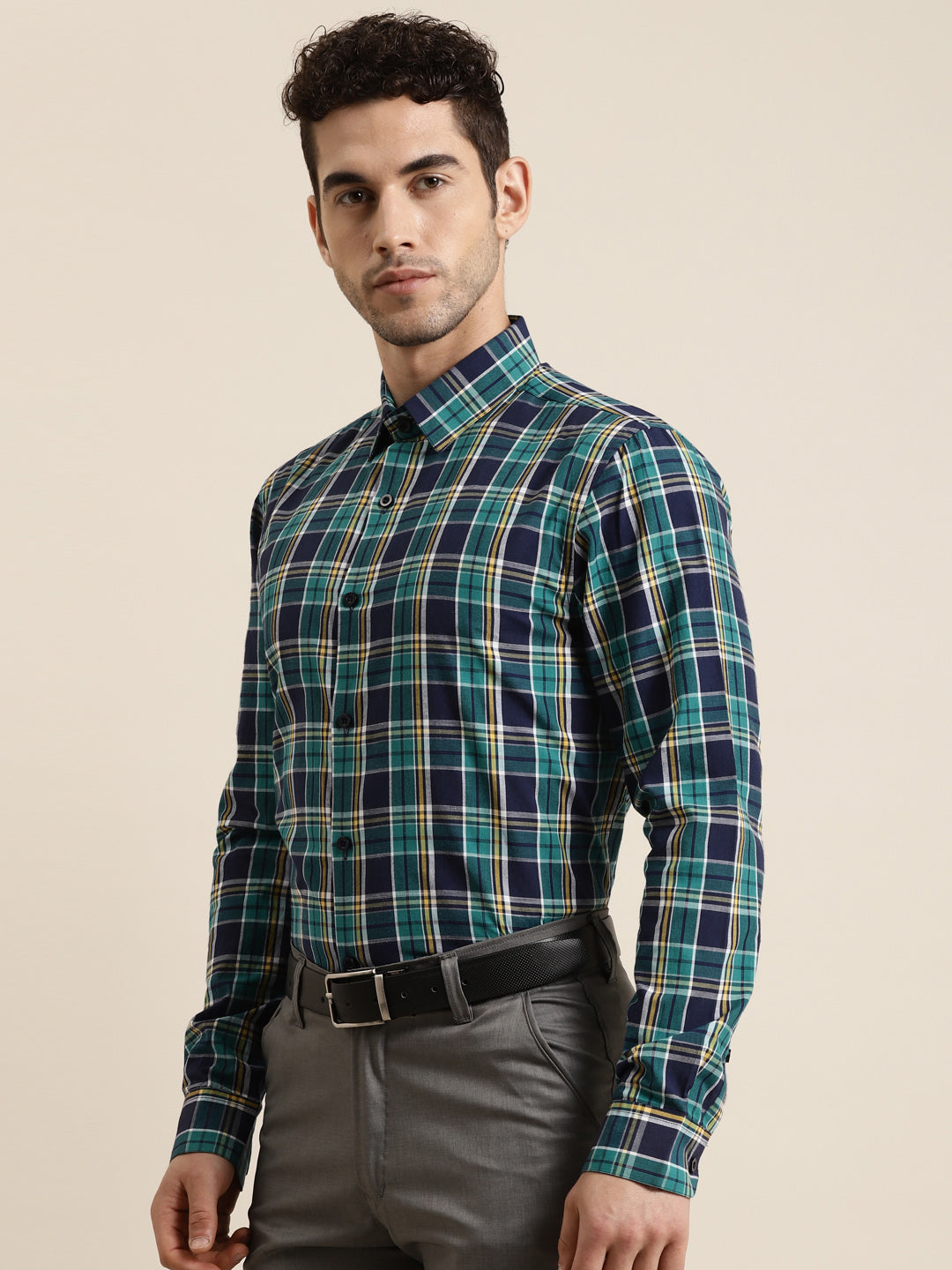 Men's Cotton Dark Green & Navy Casual Shirt
