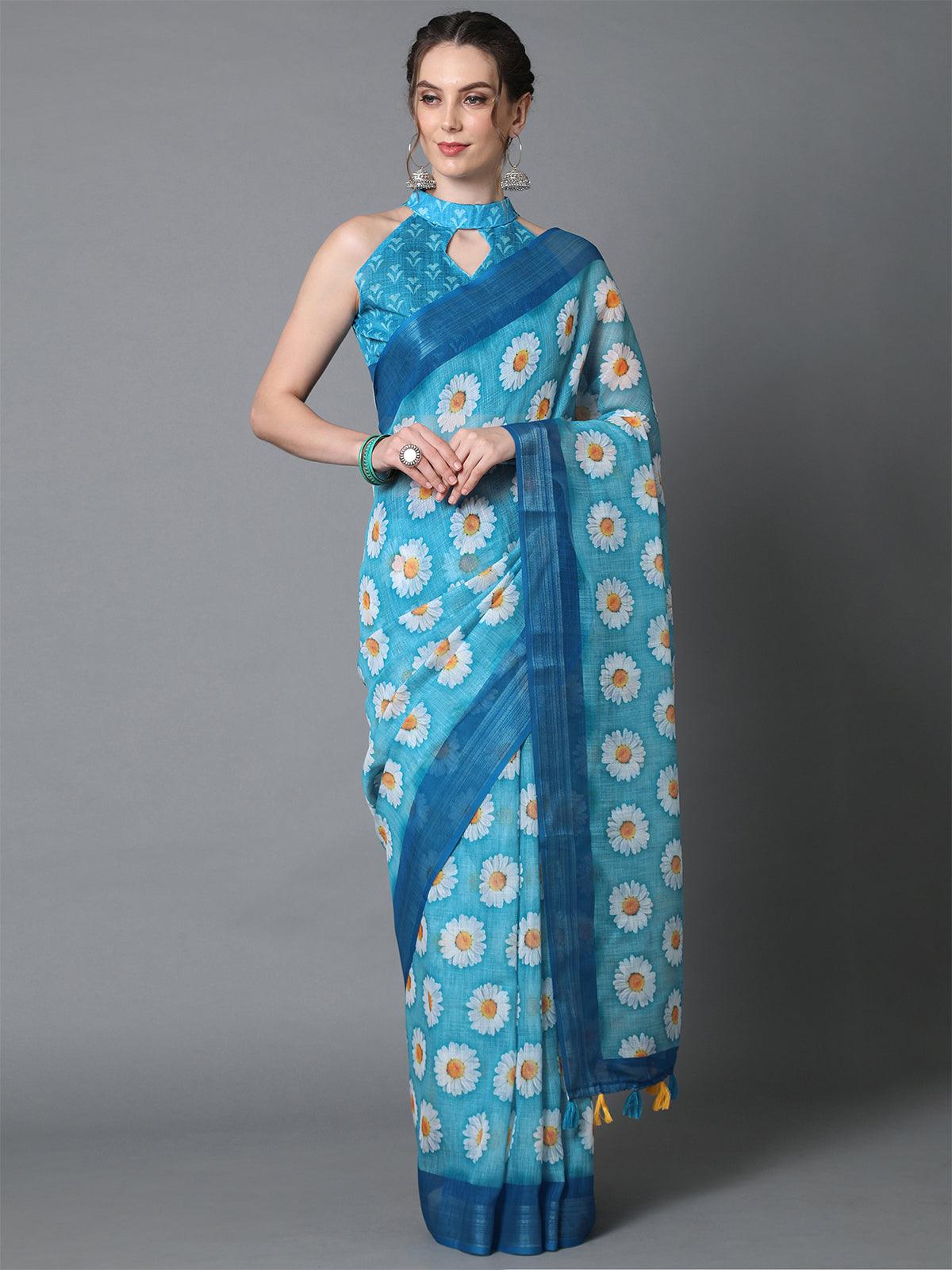 Women's Sky Blue Casual Linen Printed Saree With Unstitched Blouse - Odette