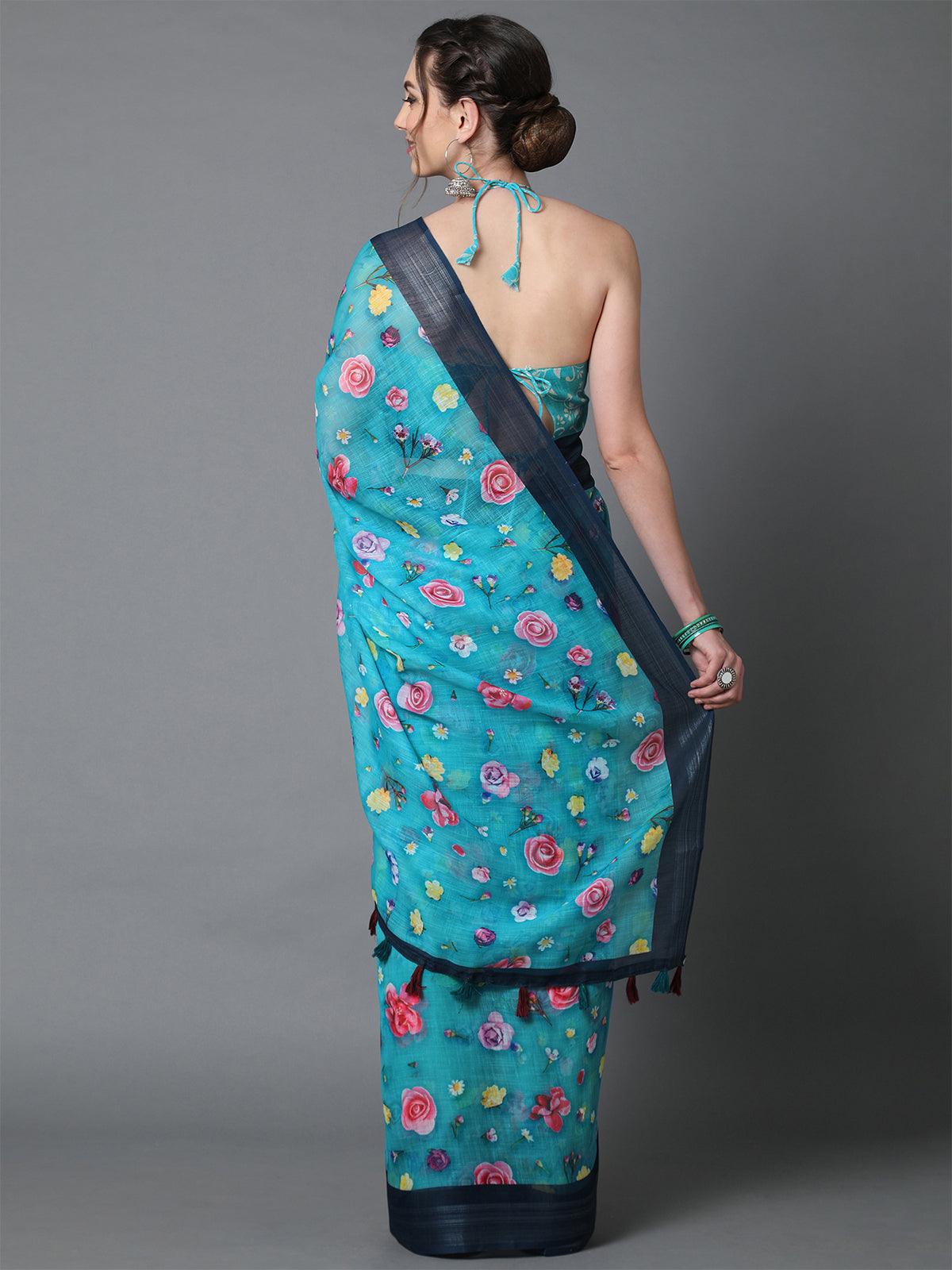 Women's Sky Blue Casual Linen Printed Saree With Unstitched Blouse - Odette