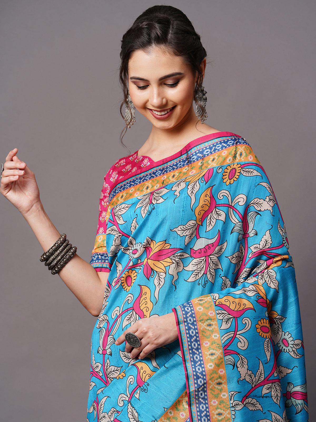 Women's Sky Blue Festive Bhagalpuri Silk Printed Saree With Unstitched Blouse - Odette