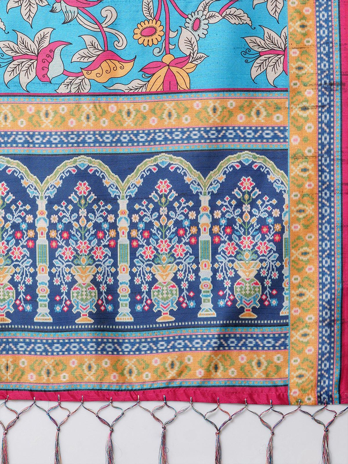 Women's Sky Blue Festive Bhagalpuri Silk Printed Saree With Unstitched Blouse - Odette