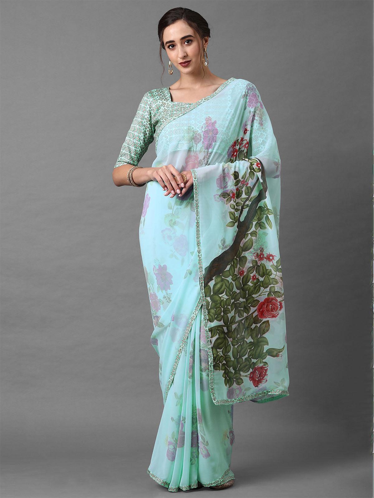 Women's Sky Blue Festive Georgette Printed Saree With Unstitched Blouse - Odette