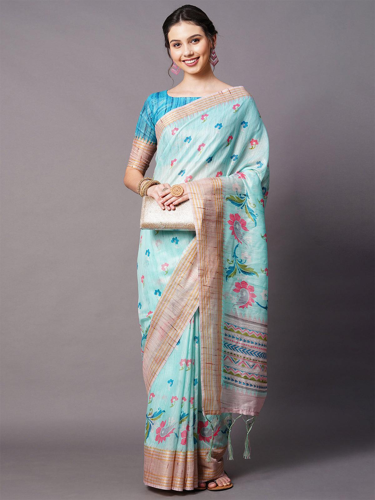 Women's Sky Blue Festive Linen Blend Printed Saree With Unstitched Blouse - Odette