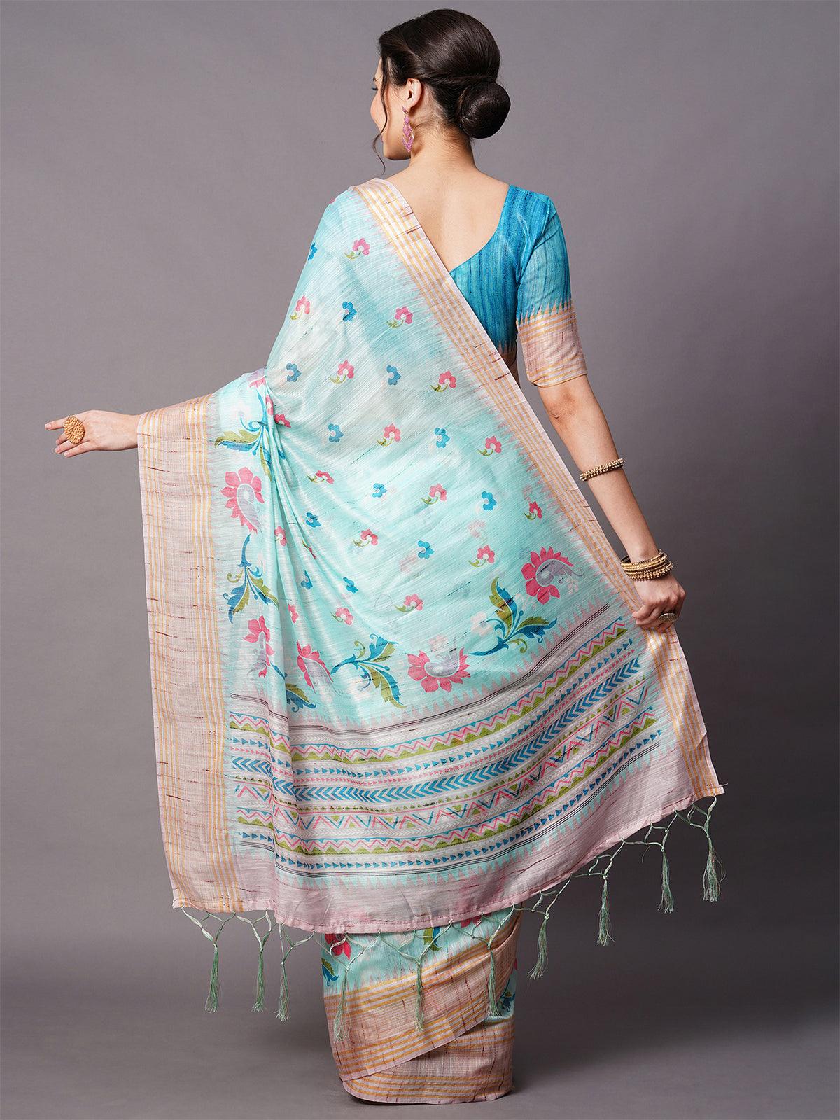 Women's Sky Blue Festive Linen Blend Printed Saree With Unstitched Blouse - Odette