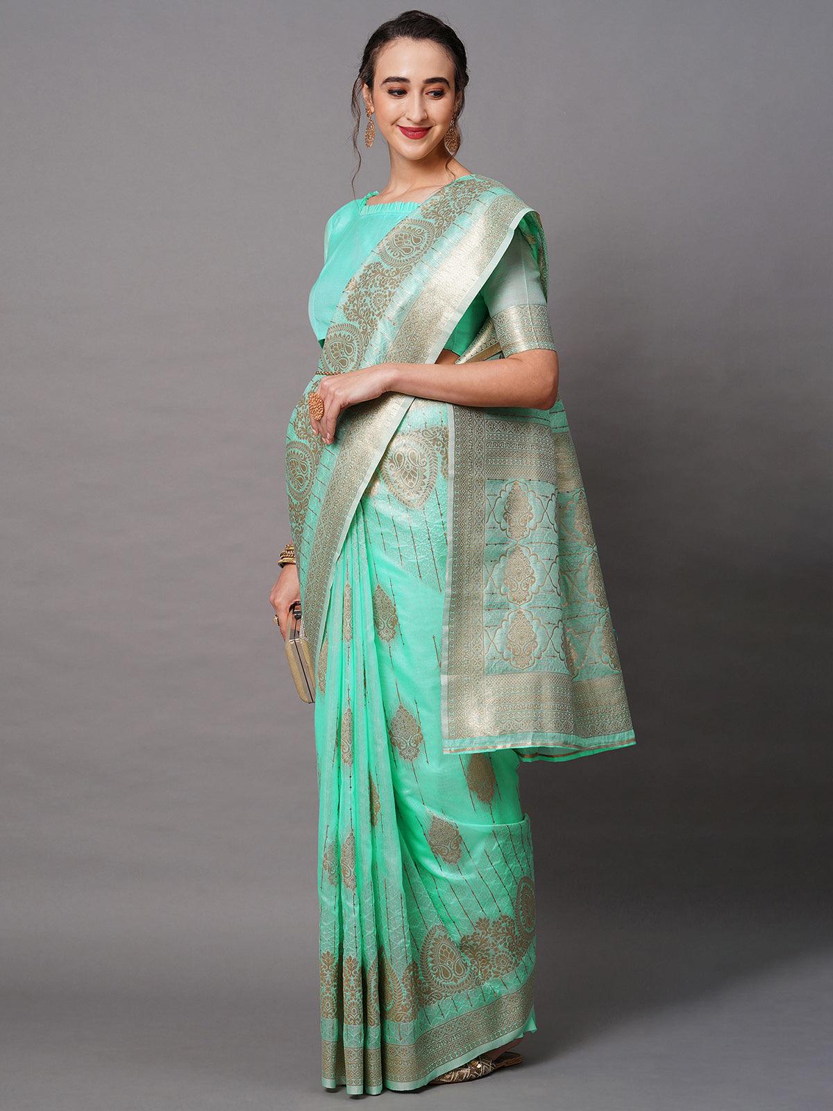 Women's Sky Blue Festive Silk Blend Embroidered Saree With Unstitched Blouse - Odette