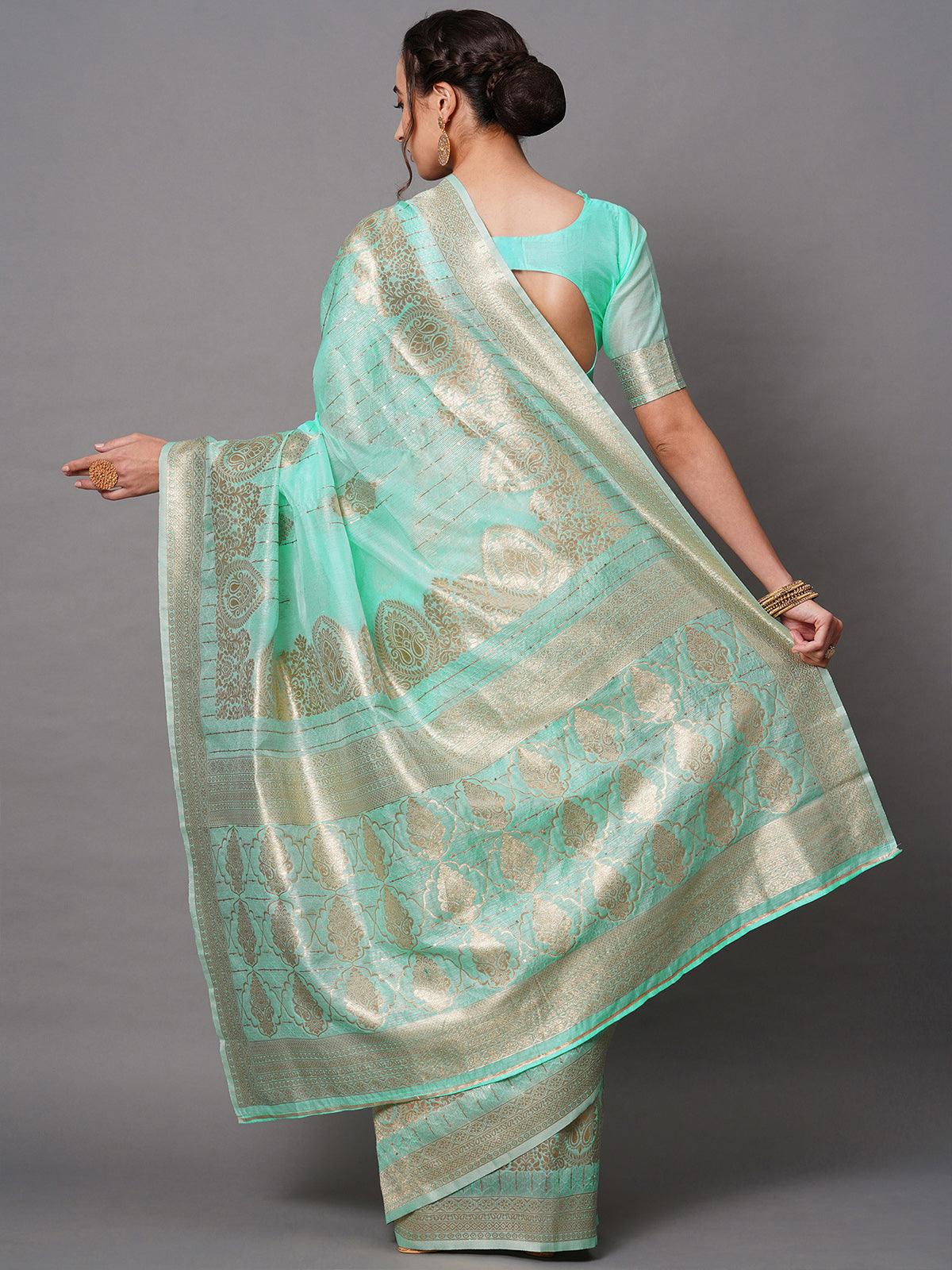 Women's Sky Blue Festive Silk Blend Embroidered Saree With Unstitched Blouse - Odette