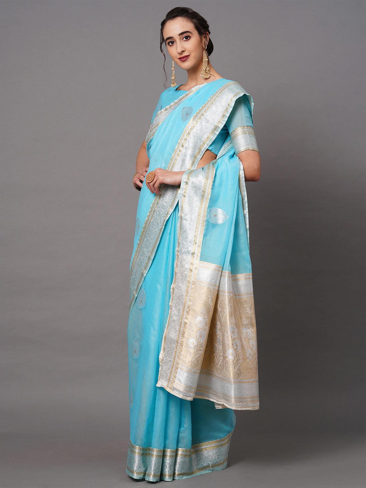 Women's Sky Blue Festive Silk Blend Woven Design Saree With Unstitched Blouse - Odette