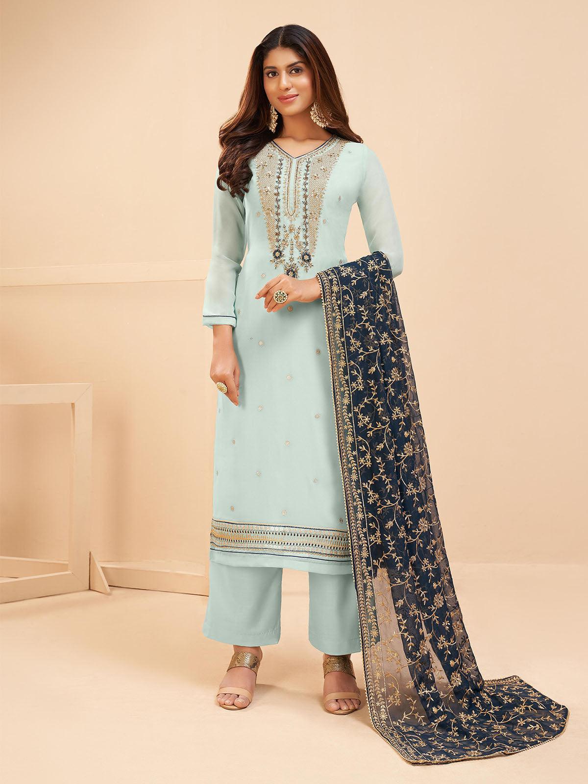 Women's Sky Blue Festive Salwar Suit Sets - Odette