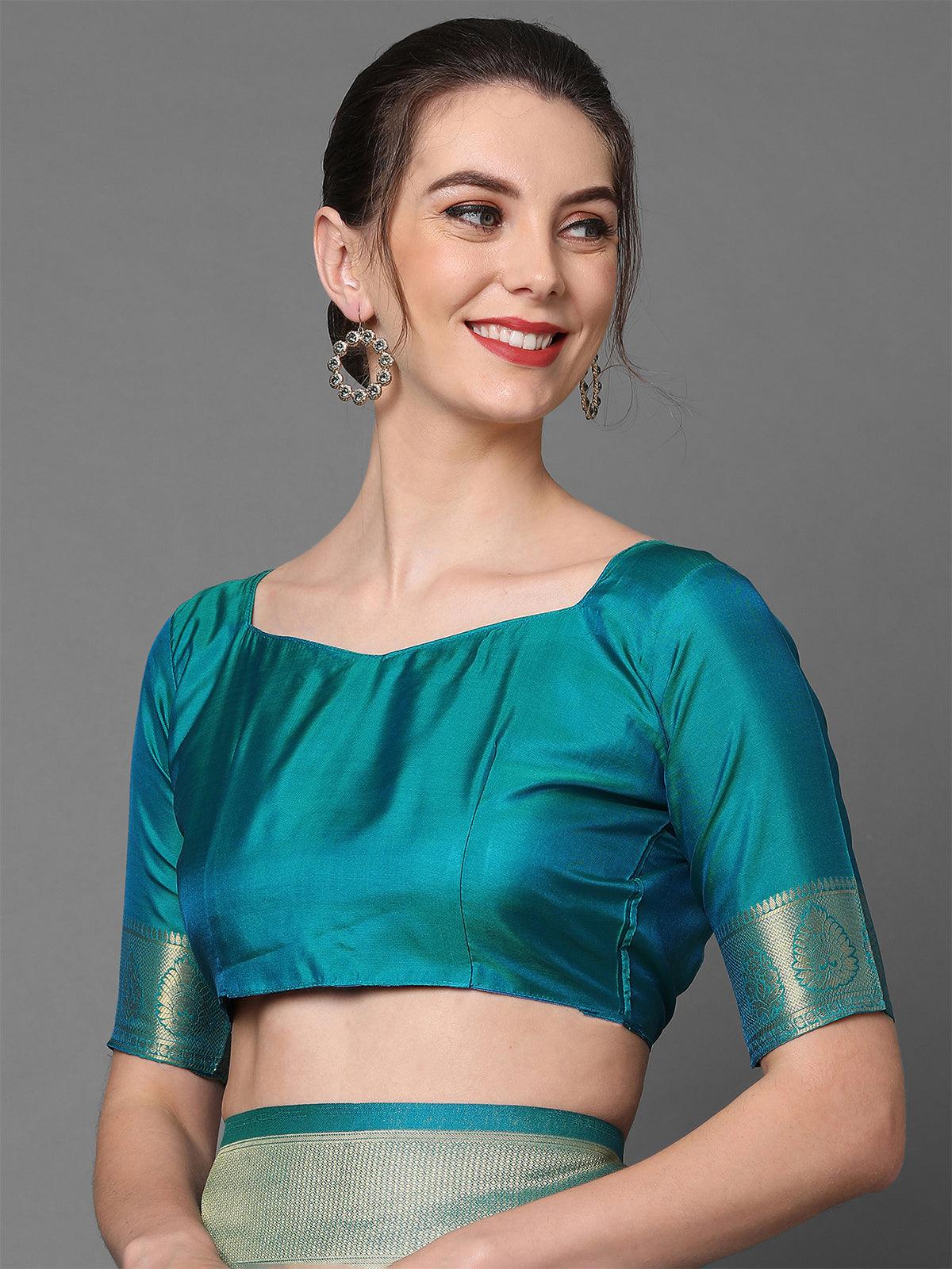 Women's Sky Blue Party Wear Kanjivaram Silk Woven Design Saree With Unstitched Blouse - Odette