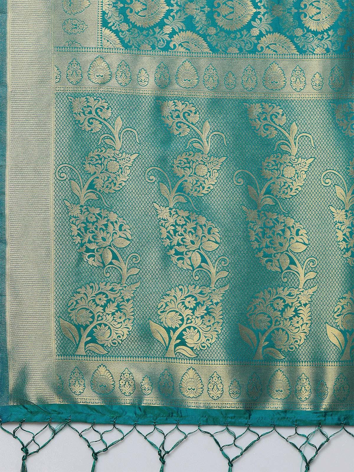 Women's Sky Blue Party Wear Kanjivaram Silk Woven Design Saree With Unstitched Blouse - Odette