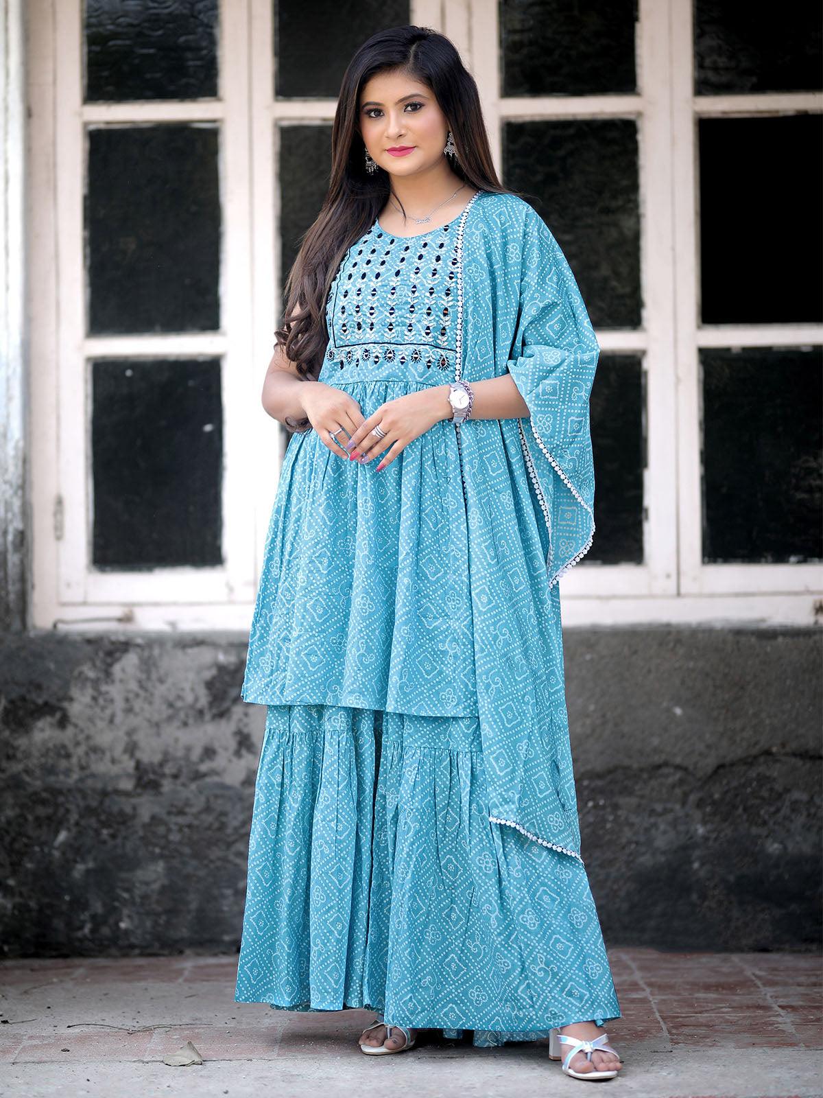 Women's Sky Blue Printed Cotton Sharara Suit - Odette