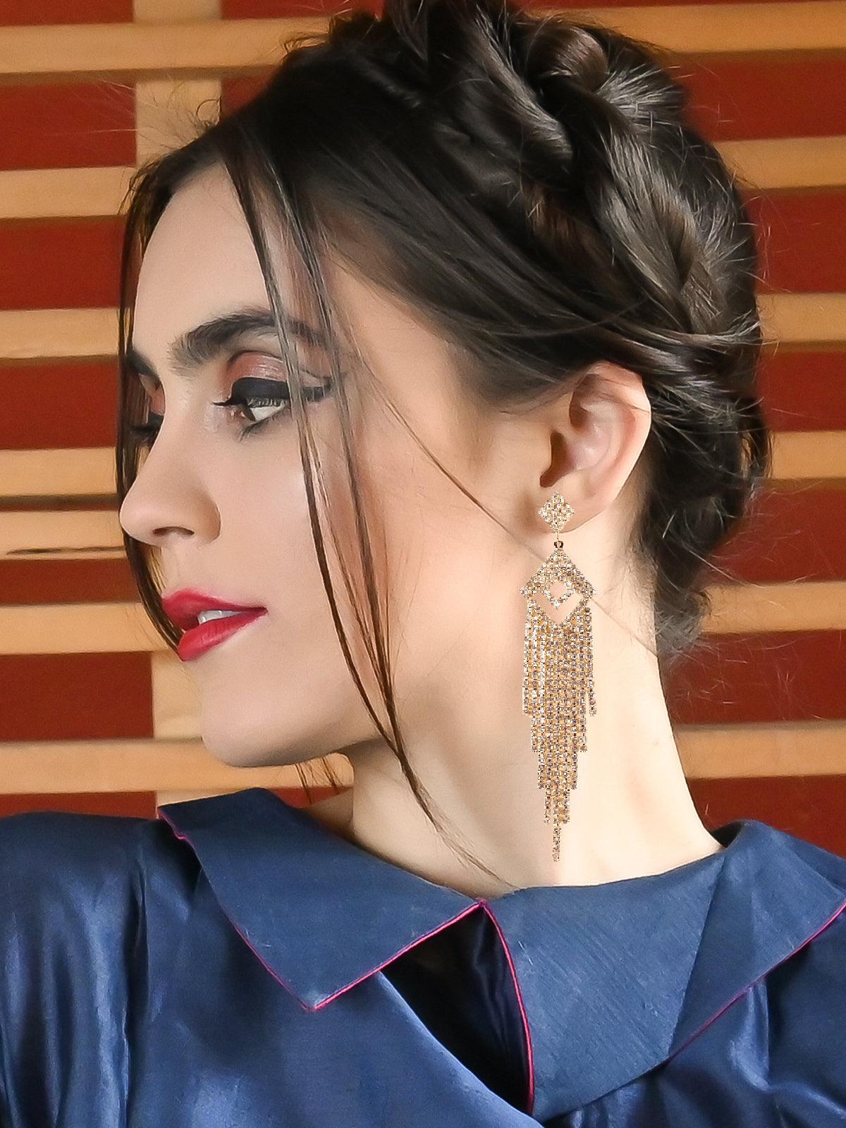 Women's Sparkling Diamond-Shaped Crystal Drop Tassel Earrings - Odette