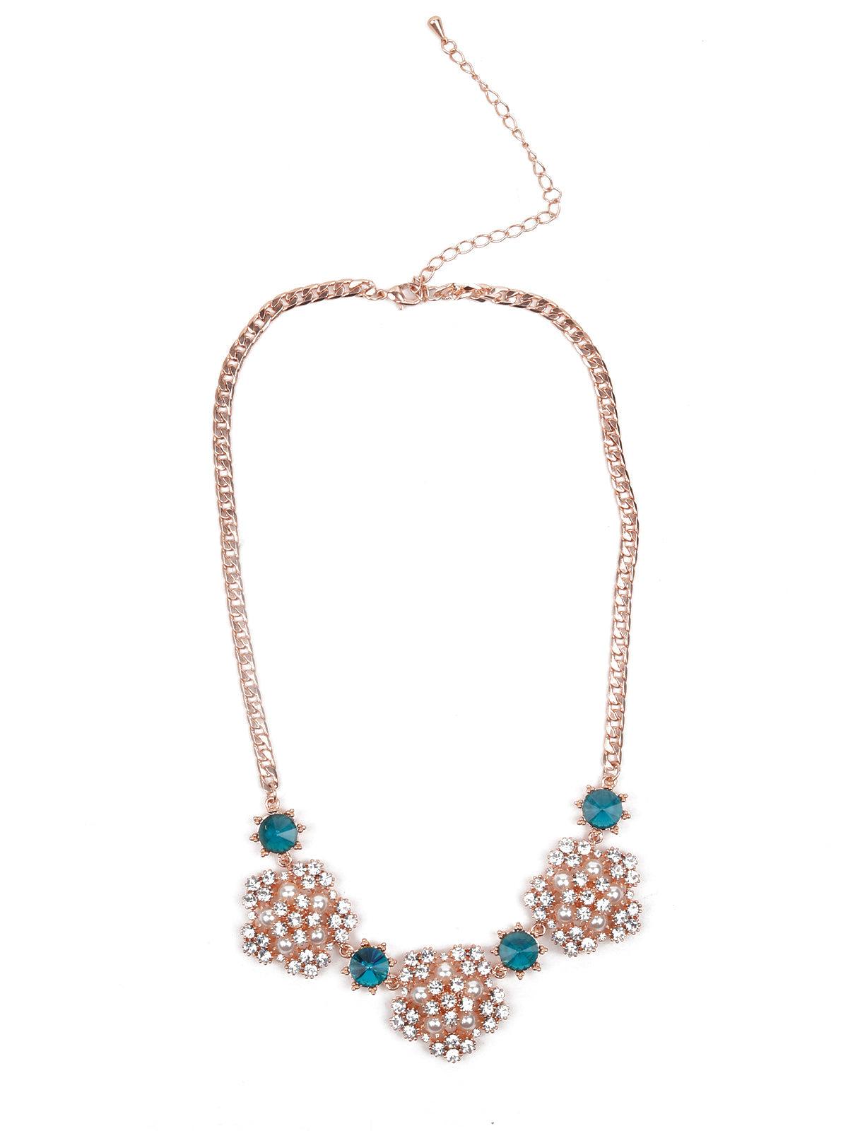 Women's Sparkling Gold Tone Necklace With Turquoise Coloured Stones - Odette