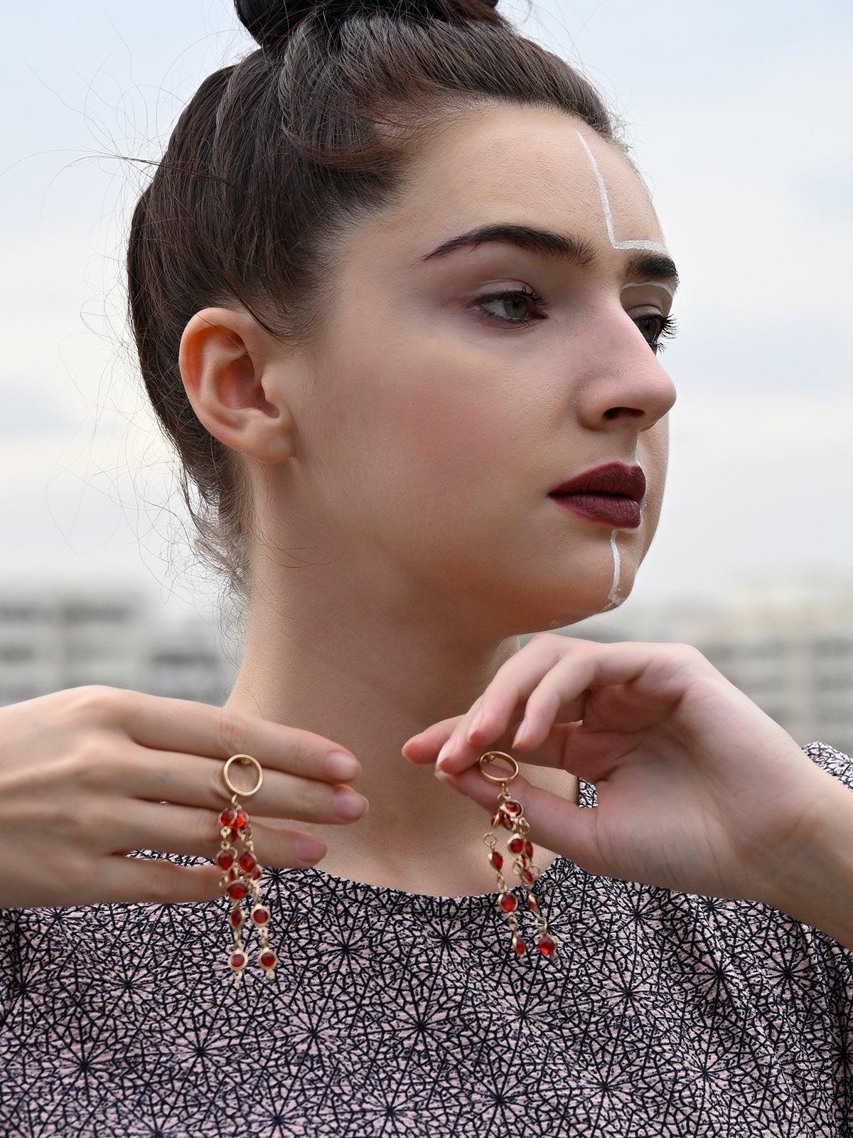 Women's Spill Down Red Crystal Earrings - Odette