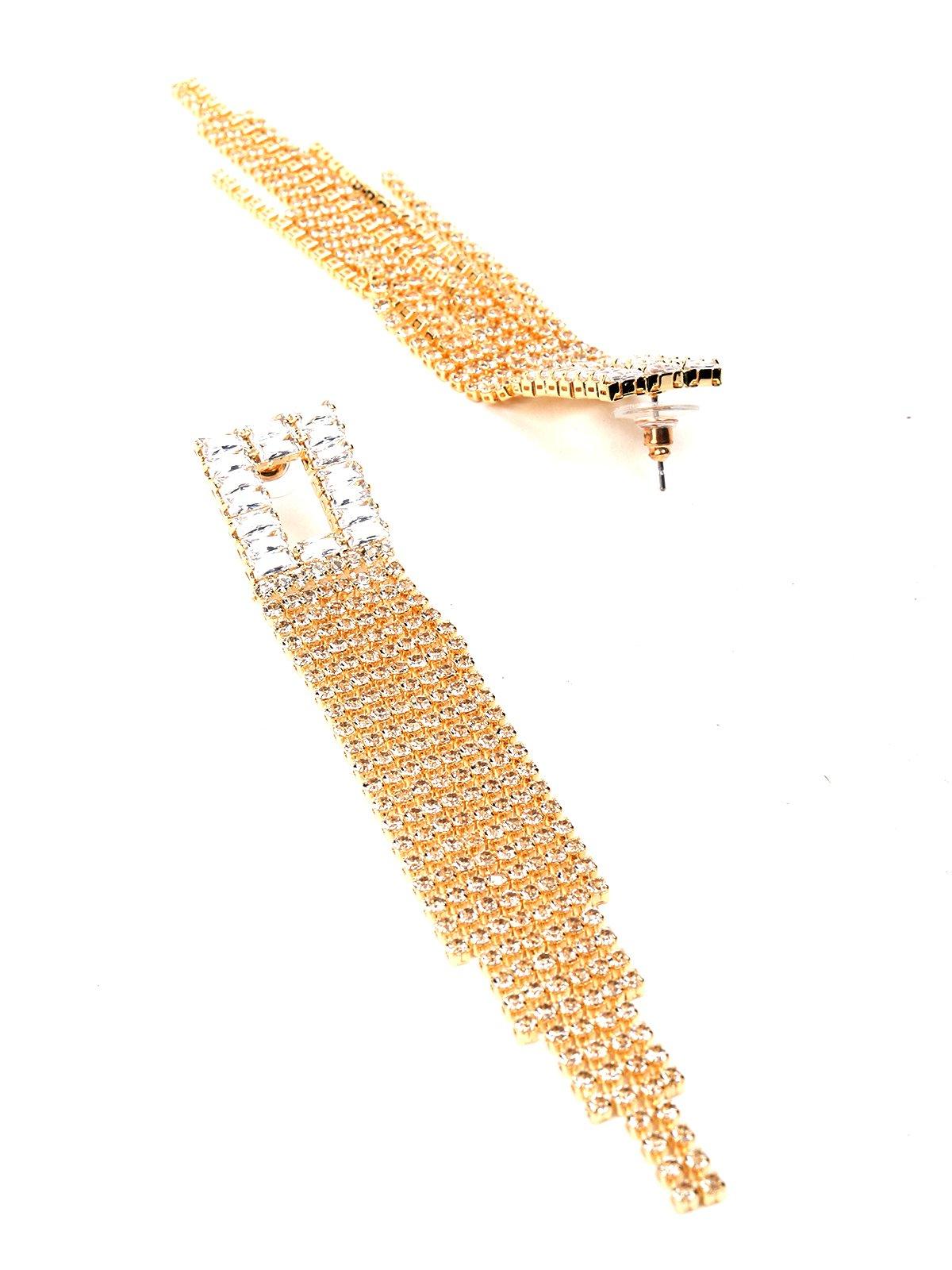 Women's Square Shaped Gold-Tone Crystal Tassel Drop Earrings. - Odette