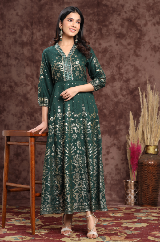 Women's Jadegreen Rayon Printed Anarkali Dress - Juniper