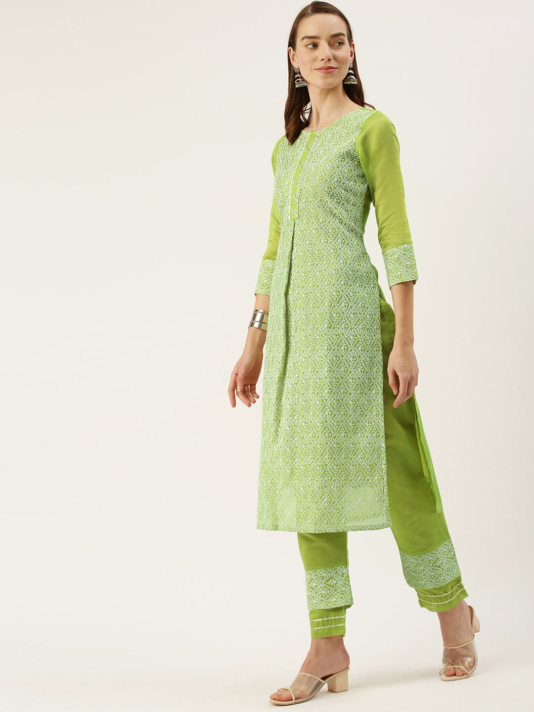Women's Green Color Chanderi Silk Straight Embroidered Kurta Pant With Dupatta - VAABA