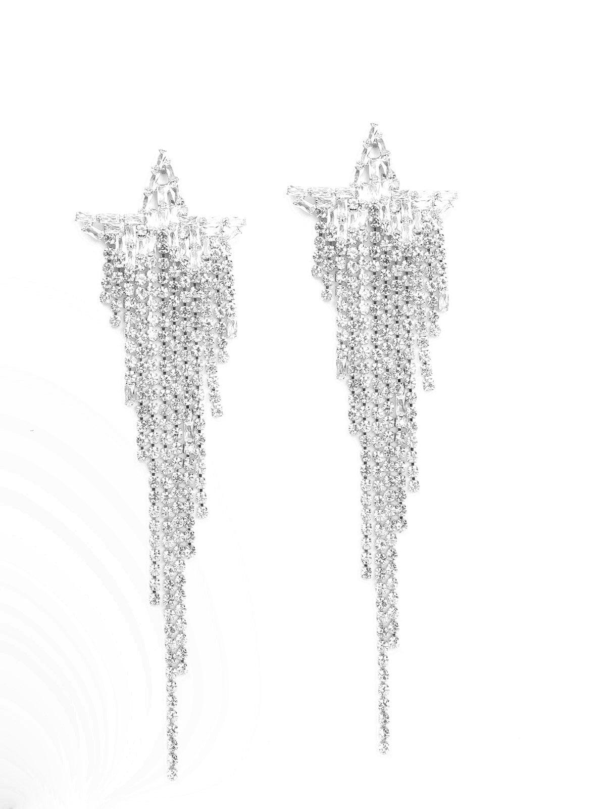 Women's Star-Shaped Silver Tassel Drop Crystal Earrings - Odette