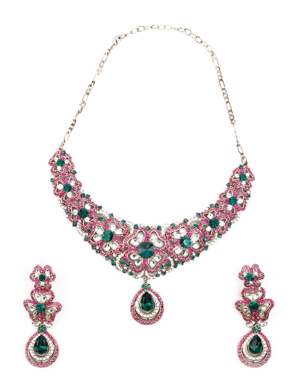 Women's Studded Necklace Set With Maang Tika - Odette
