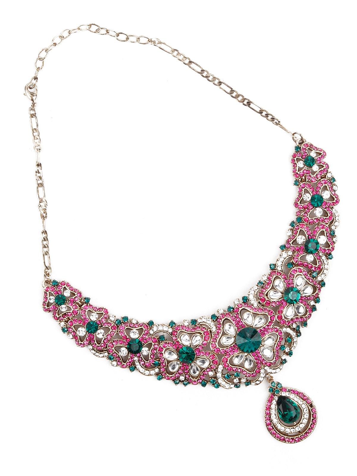 Women's Studded Necklace Set With Maang Tika - Odette