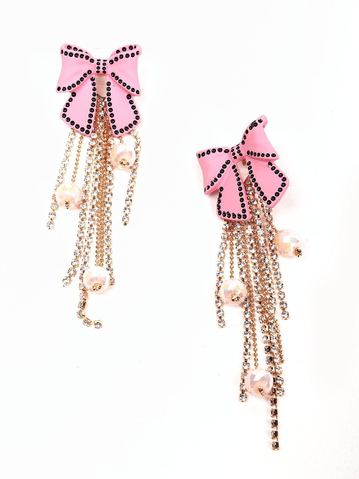 Women's Stunning Baby Pink Bow-Shaped Tassel Earrings - Odette