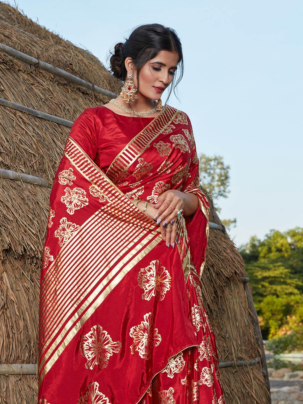 Women's Stunning Red Silk Saree - Odette