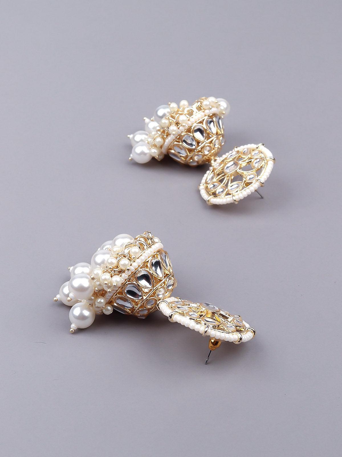 Women's Stunning White Embellished Jhumka Earrings - Odette