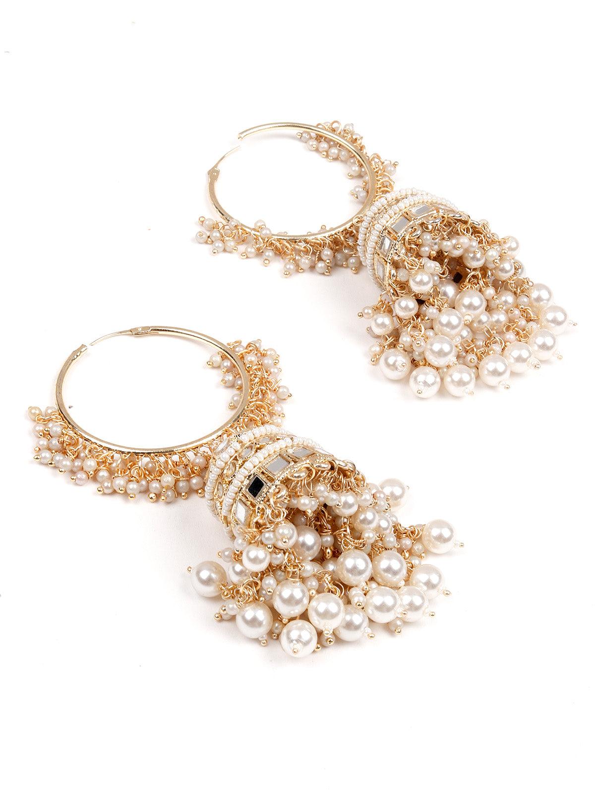 Women's Stunning White Hoops Earrings With Jhumki - Odette