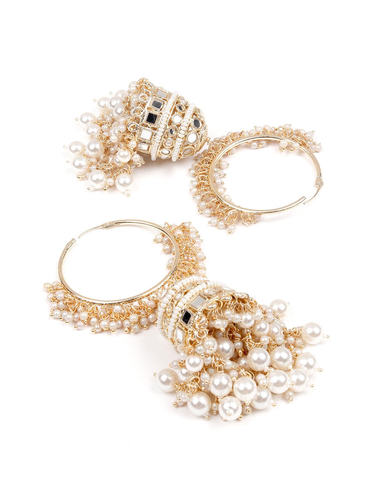 Women's Stunning White Hoops Earrings With Jhumki - Odette