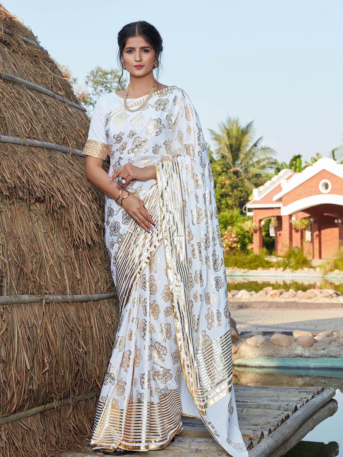 Women's Stunning White Silk Saree - Odette
