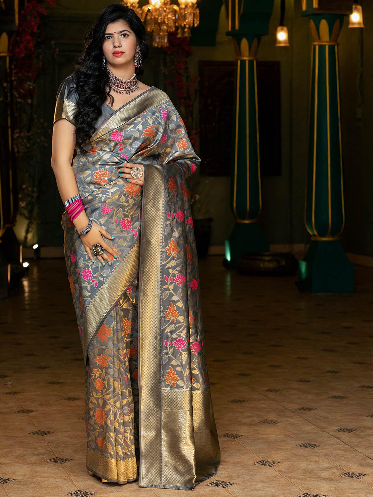 Women's Stunning Woven Grey Banarasi Silk Saree - Odette