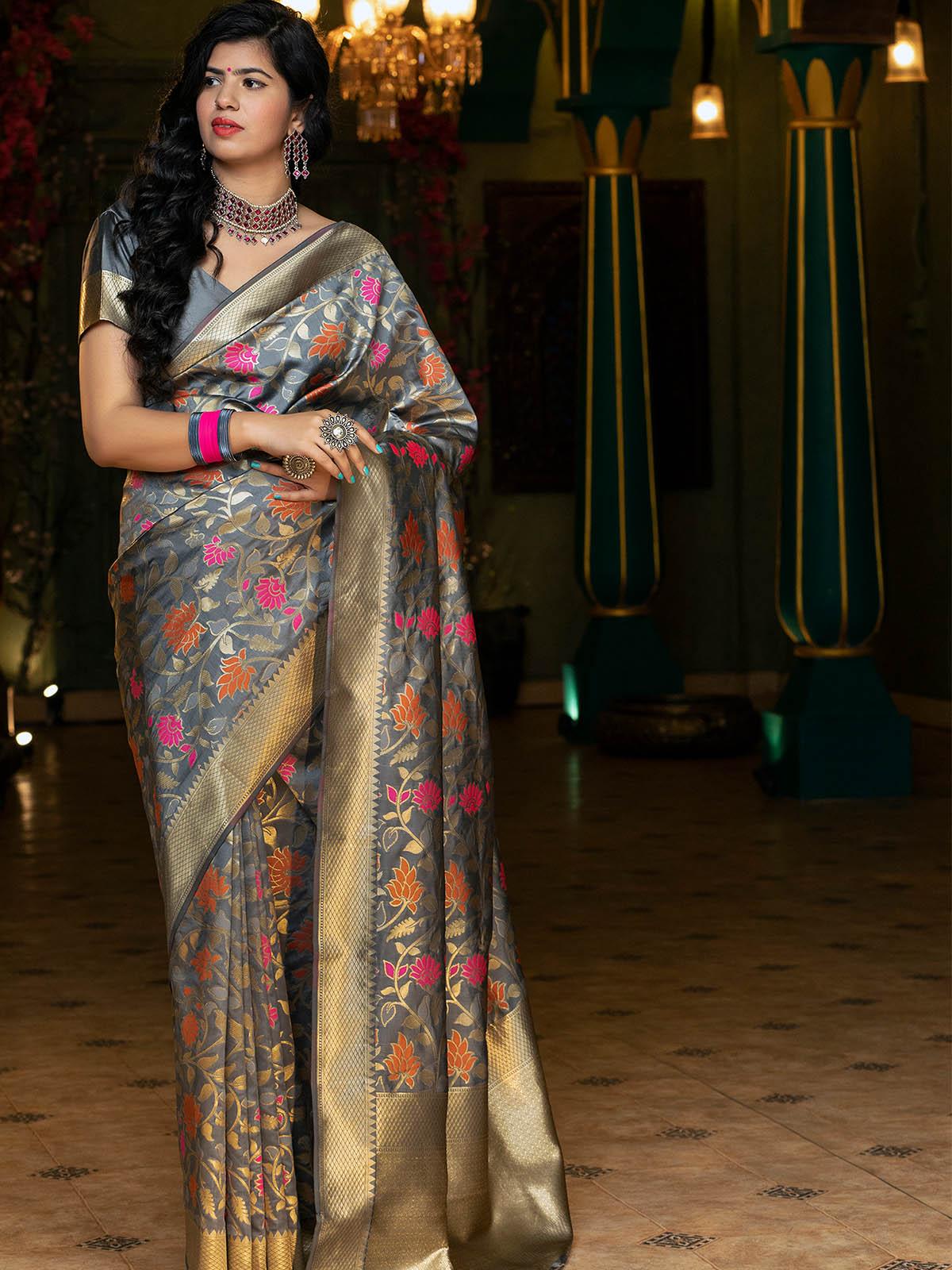 Women's Stunning Woven Grey Banarasi Silk Saree - Odette