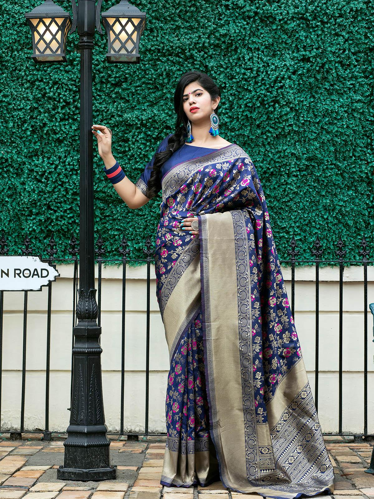 Women's Stunning Woven Navy Banarasi Silk Saree - Odette