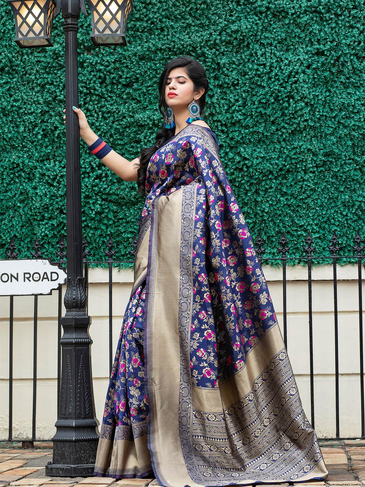 Women's Stunning Woven Navy Banarasi Silk Saree - Odette