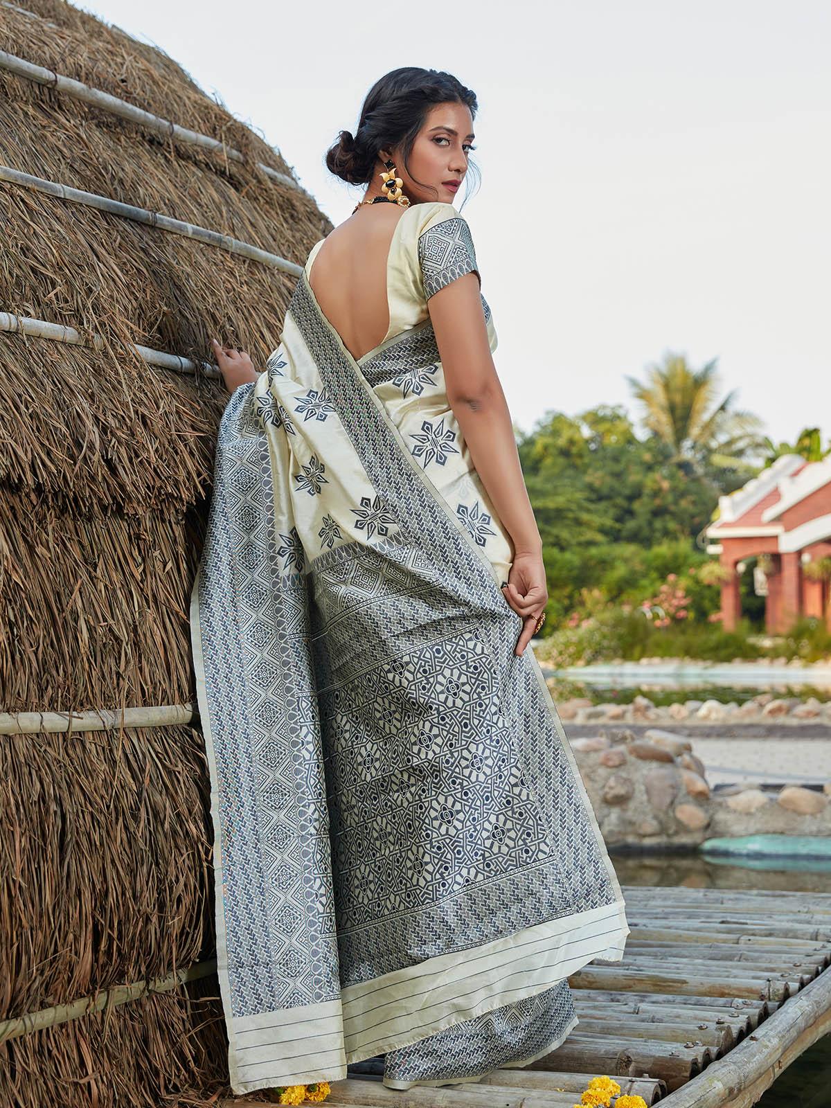 Women's Stunning Woven Off-White Banarasi Silk Saree - Odette